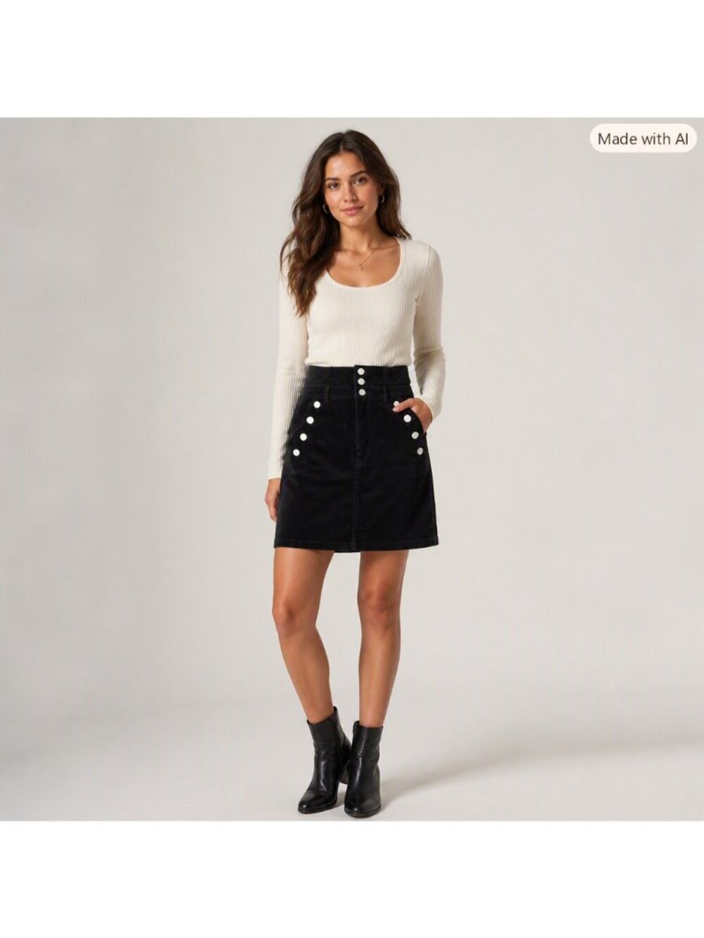 Women’s L Blk Corduroy Mini Skirt High Waist Button Front Goth Academia Preppy